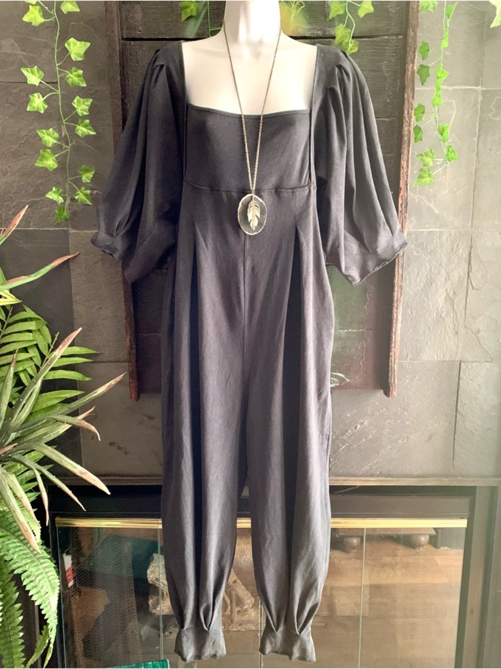 Free People “Lotta Love” over-washed Black Square-Neck Puff-Sleeve Jumpsuit- S - Picture 5 of 15